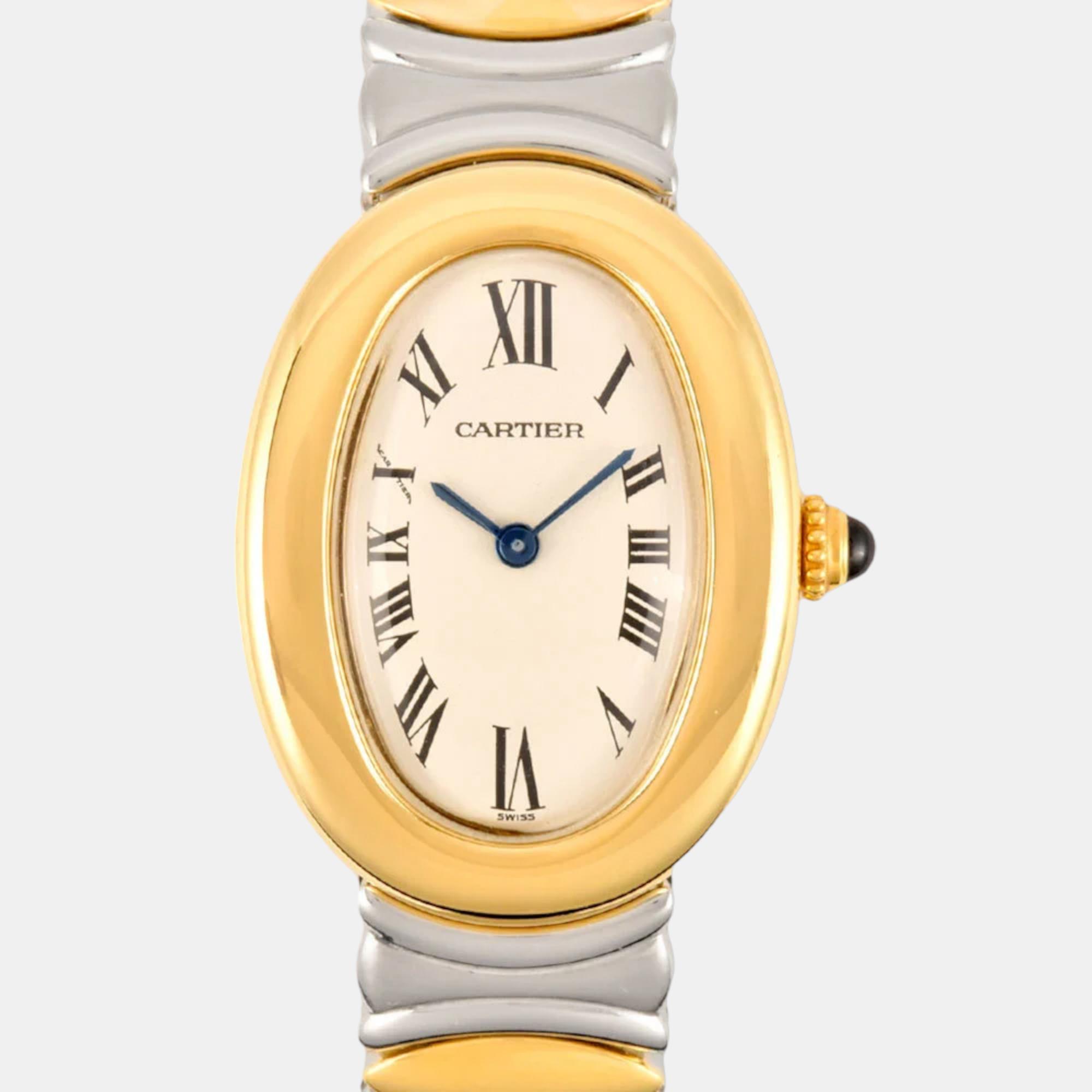 Cartier White 18k Yellow Gold And Stainless Steel Baignoire K18YG Quartz Women's Wristwatch 23 mm