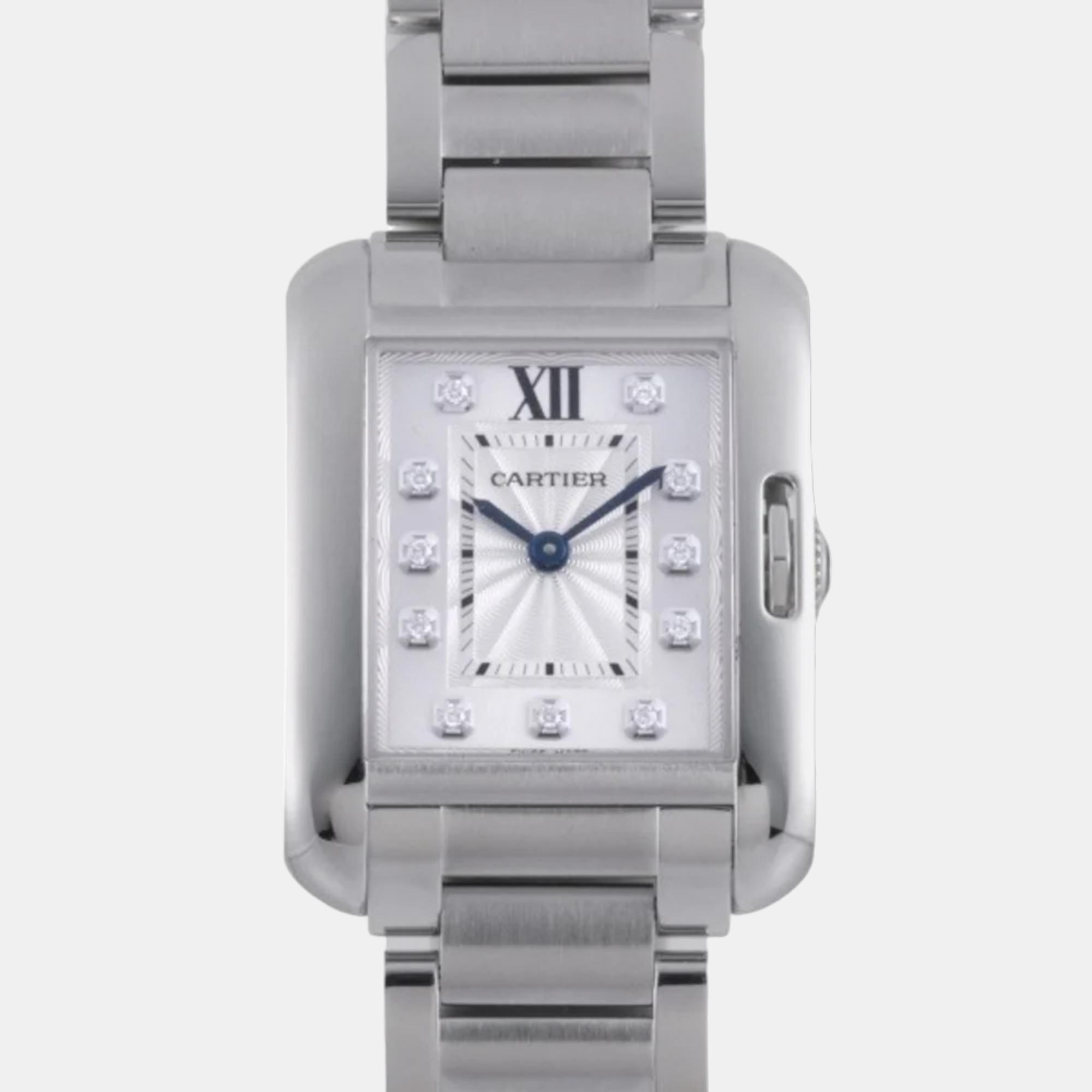 Cartier White Diamond Stainless Steel Tank Anglaise W4TA0003 Quartz Women's Wristwatch 23 mm