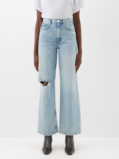 Frame - Distressed High-rise Wide-leg Jeans - Womens - Light Denim