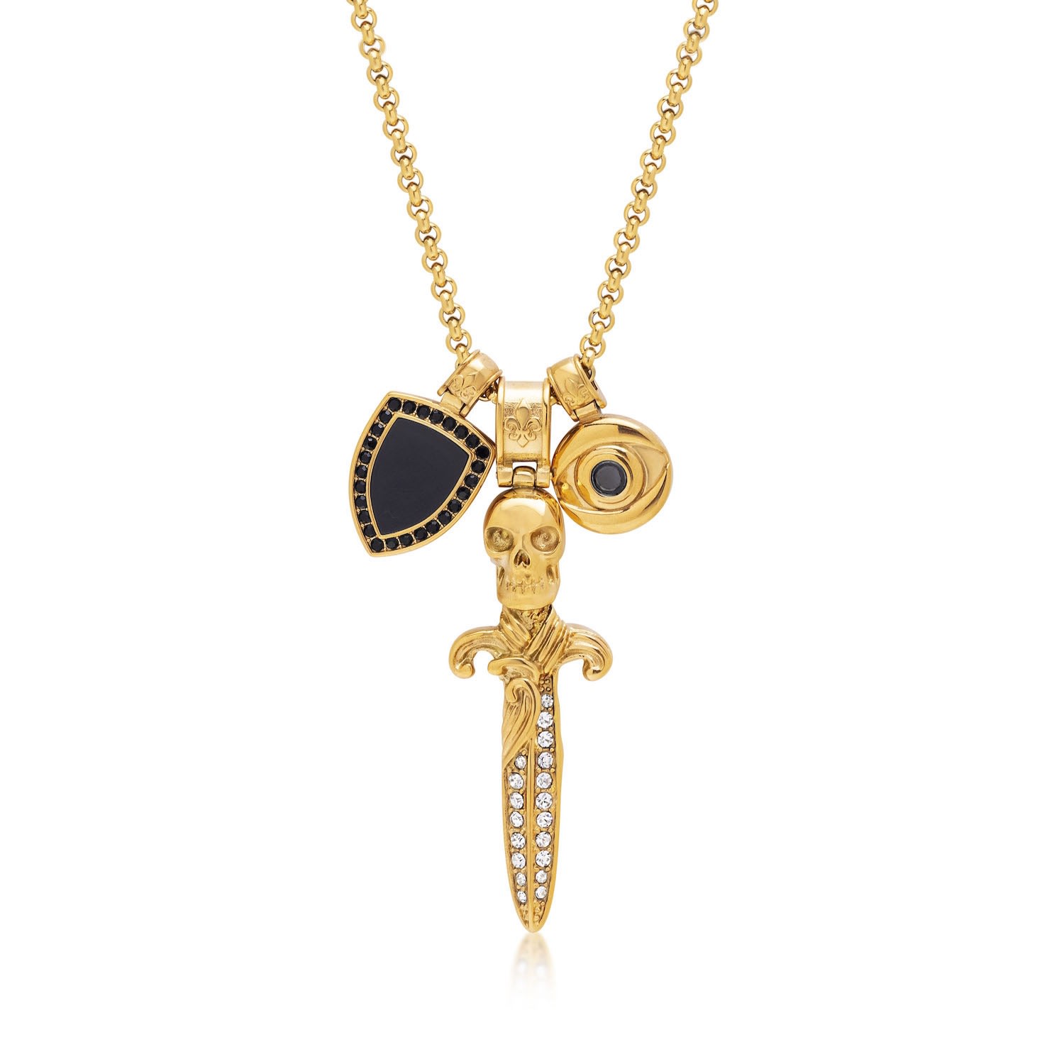 Gold / Black Men's Golden Talisman Necklace With Onyx Shield, Skull Sword And Evil Eye Coin Pendant Nialaya