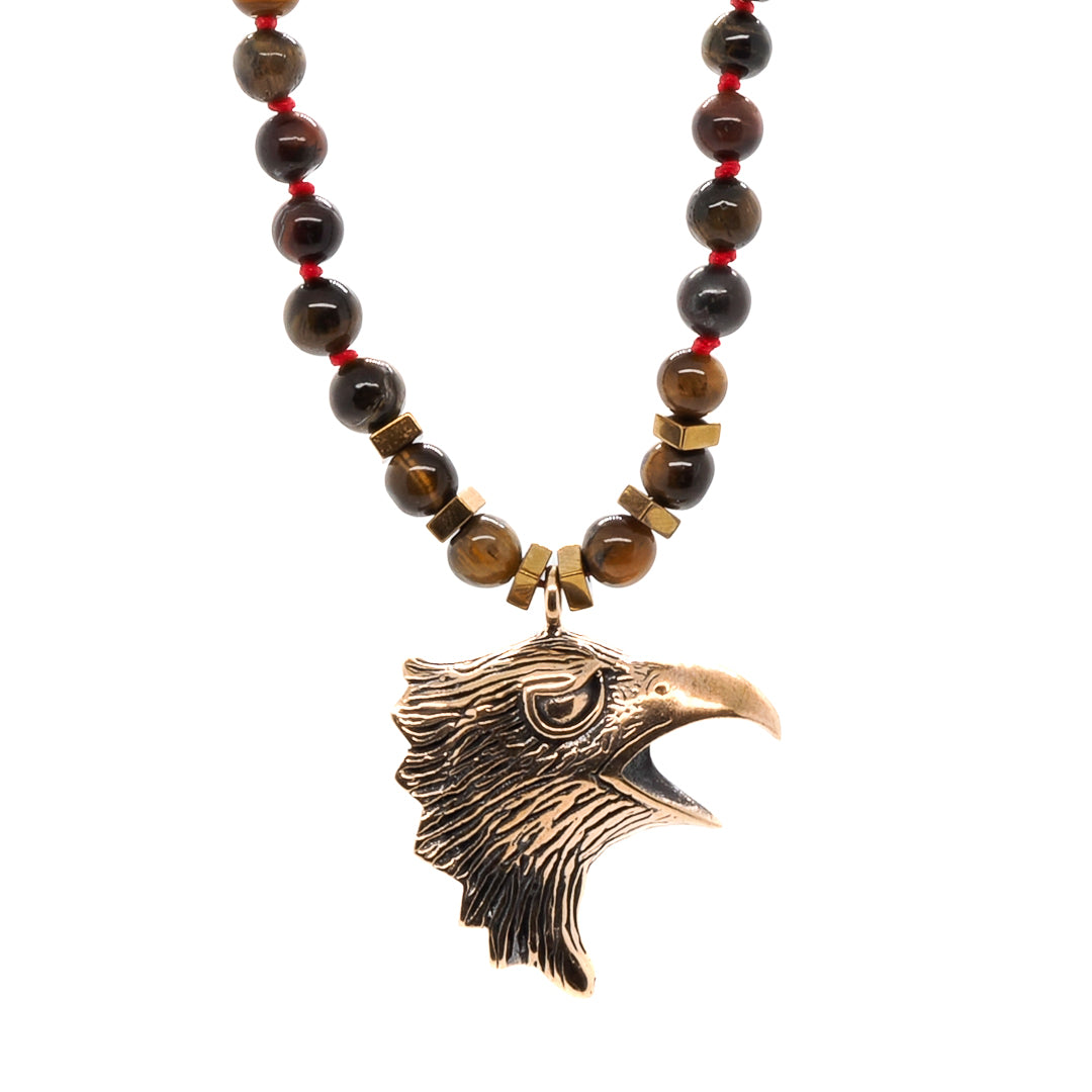 Gold / Brown Eagle Tiger's Eye Men's Beaded Necklace - Brown Ebru Jewelry