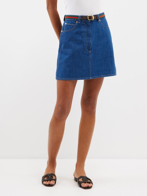 Gucci - Belted Denim Mini Skirt - Womens - Denim