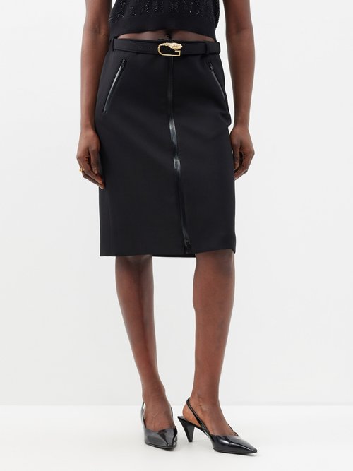 Gucci - Belted Wool-blend Grain De Poudre Midi Skirt - Womens - Black
