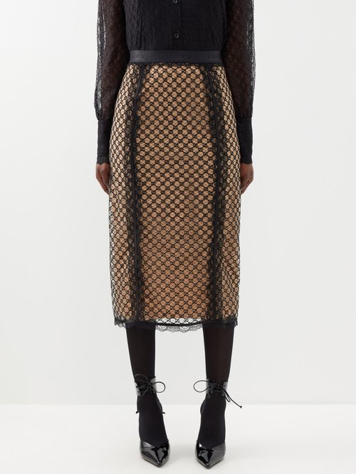 Gucci - GG Supreme-lace Overlay Cotton-blend Midi Skirt - Womens - Black Multi