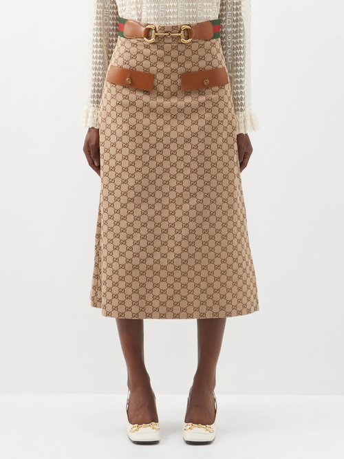 Gucci - GG-jacquard Horsebit Cotton-blend Midi Skirt - Womens - Camel