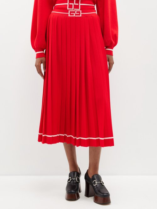 Gucci - GG-jacquard Pleated Wool Midi Skirt - Womens - Red White