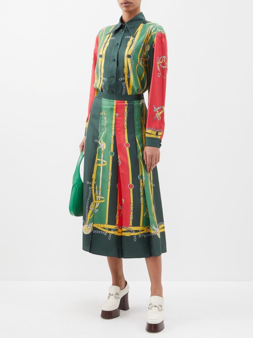 Gucci - Harness And Double G-print Silk Midi Skirt - Womens - Green Multi