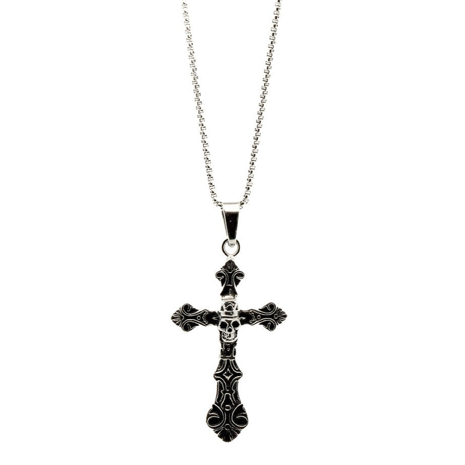 Men's Biker Cross & Skull Chain Necklace - Silver Ebru Jewelry