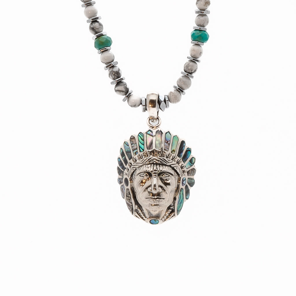 Men's Blue / Silver Native American Chief Beaded Necklace-White Ebru Jewelry