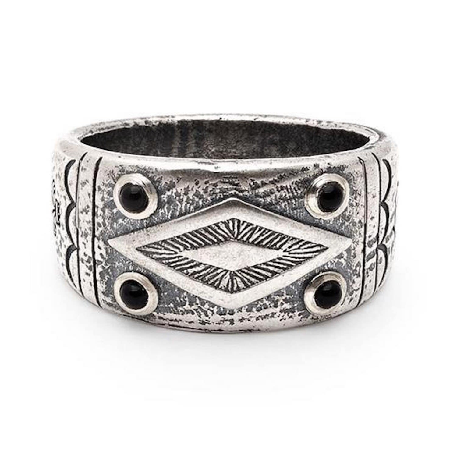 Men's Nialaya Engraved Vintage Silver Ring With Matte Onyx