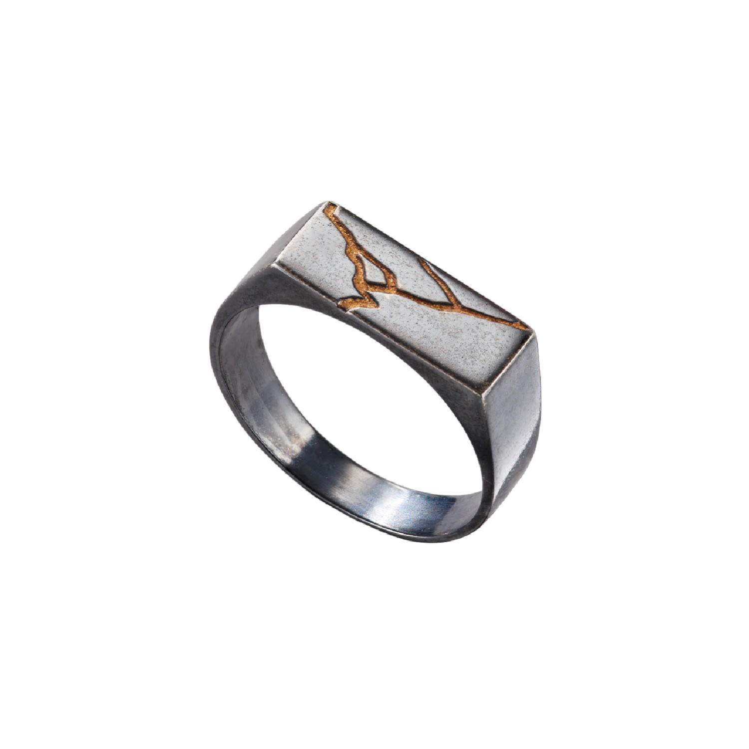 Men's Oxidised Sterling Silver Rectangle Kintsugi Signet Ring Posh Totty Designs