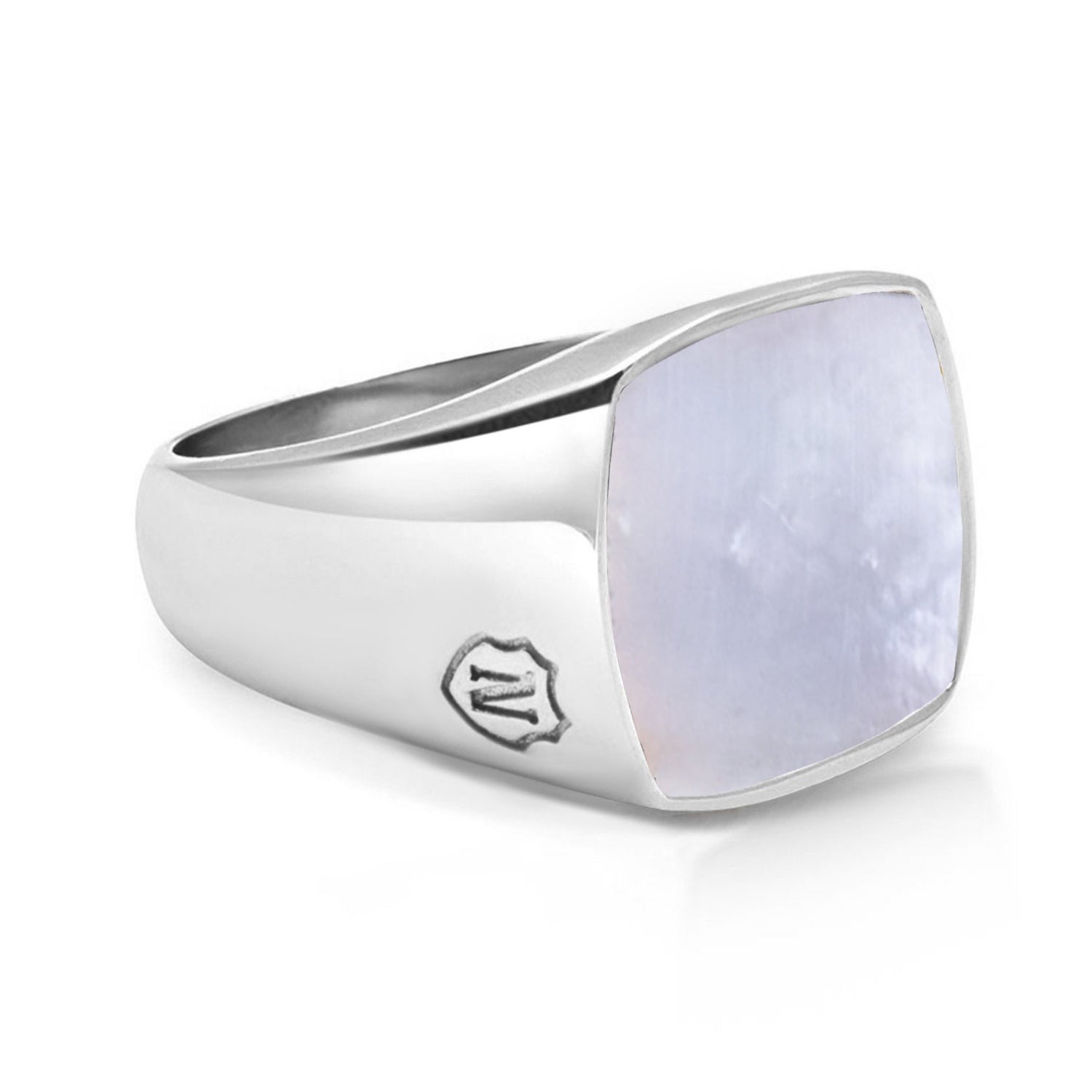 Mens Silver Signet Ring With Natural White Shell Nialaya