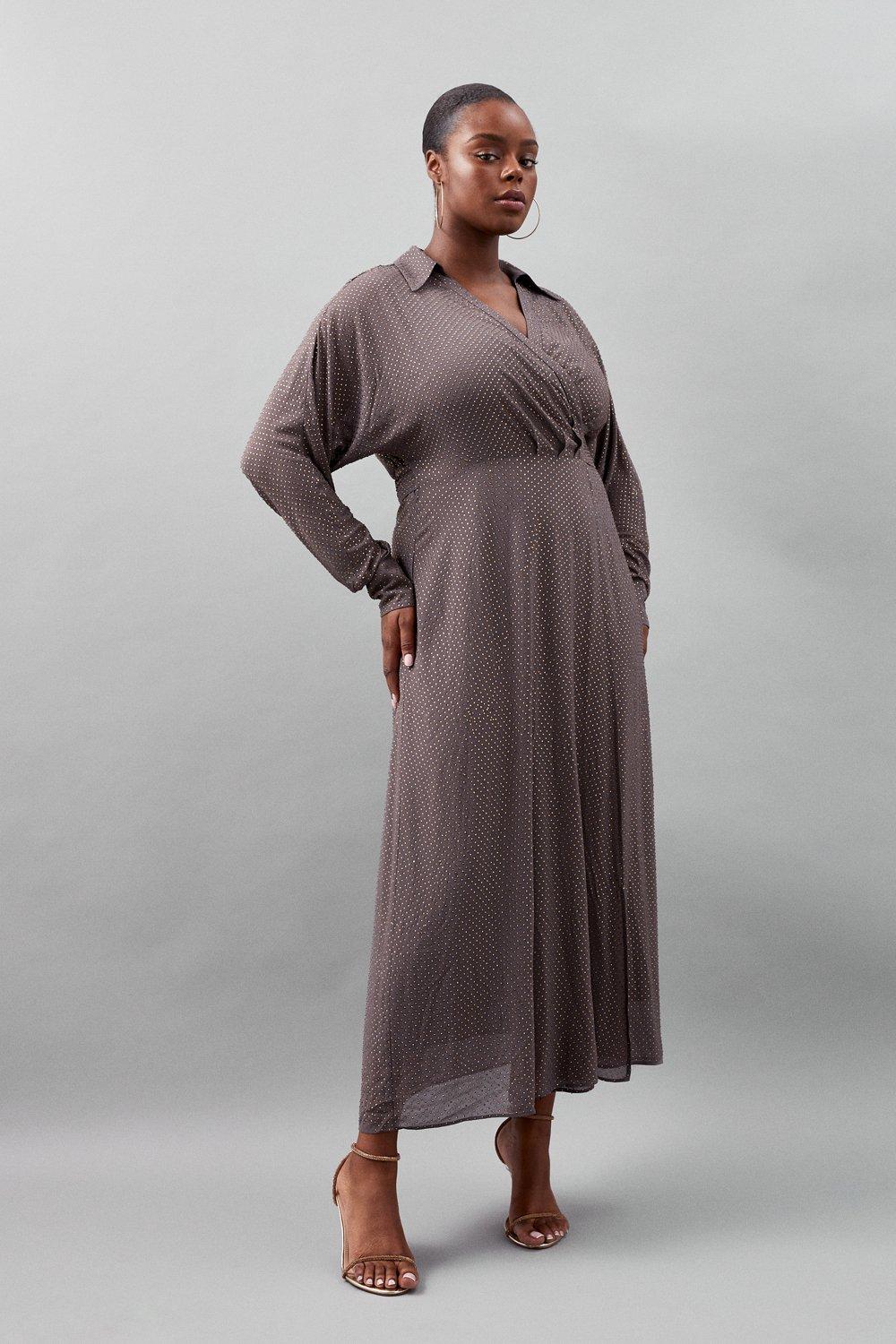 Plus Size Embellished Plunge Batwing Woven Maxi Dress - Silver
