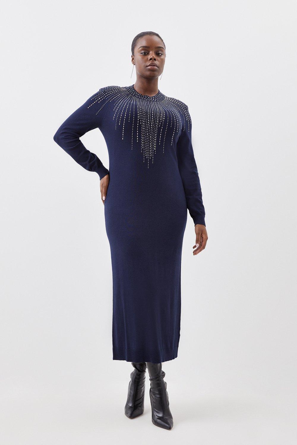 Plus Size Viscose Blend Embellished Knit Midi Dress - Navy