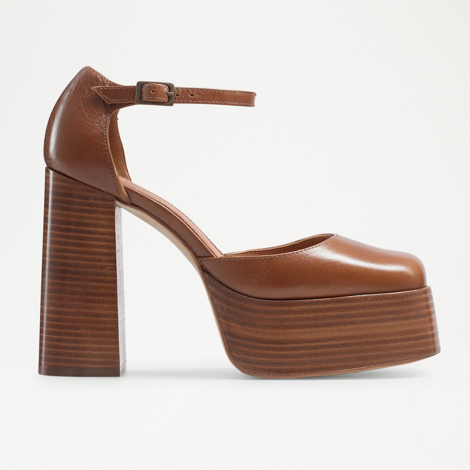 Russell & Bromley Women's Tan Brown Calf Leather BLONDIE Stacked Platform Heel Sandals, Size: UK 7