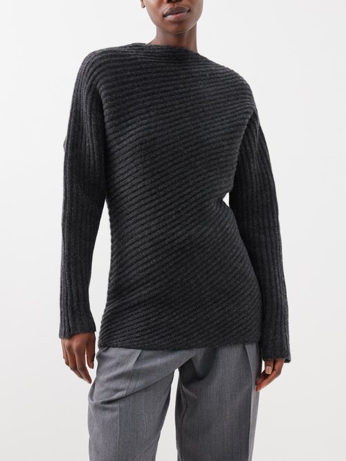 Toteme - Asymmetric Ribbed-knit Wool Sweater - Womens - Grey