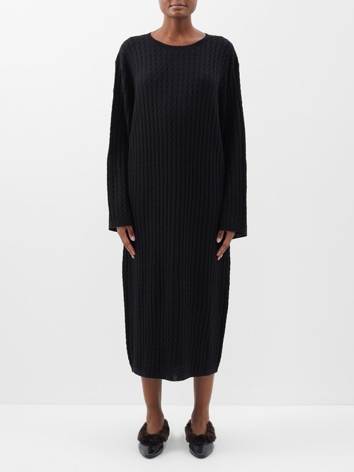 Toteme - Cable-knit Wool Midi Dress - Womens - Black