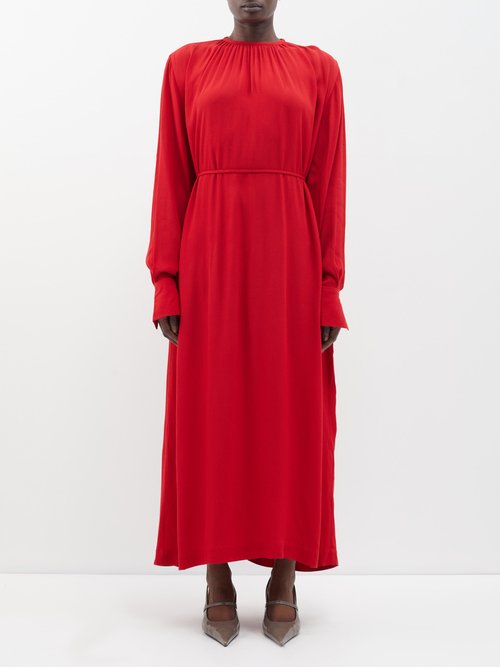 Toteme - Gathered Crinkled-crepe Maxi Dress - Womens - Red