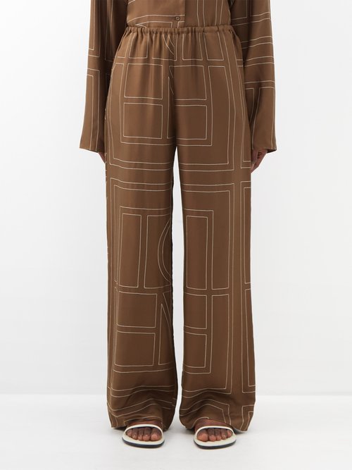 Toteme - Monogram-jacquard Silk Pyjama Bottoms - Womens - Dark Brown