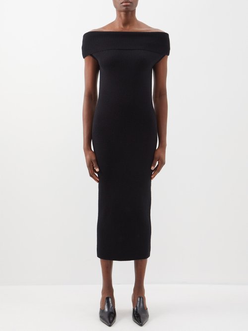 Toteme - Off-the-shoulder Ribbed Wool-blend Midi Dress - Womens - Black