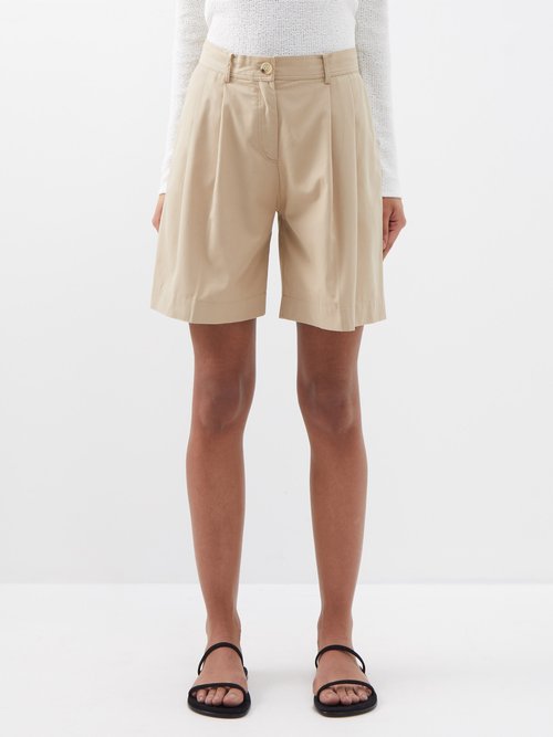 Toteme - Pleated Organic-cotton Shorts - Womens - Camel