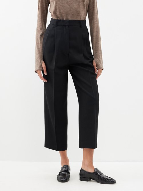 Toteme - Pleated Woven Blend Tailored Trousers - Womens - Black