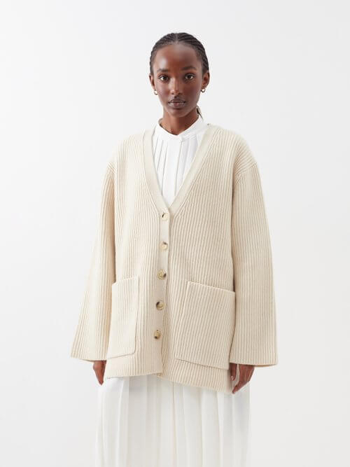 Toteme - Ribbed-knit Wool Cardigan - Womens - Light Beige