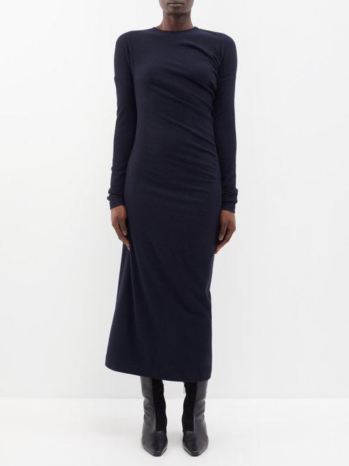 Toteme - Twisted-waist Wool-blend Flannel Midi Dress - Womens - Navy