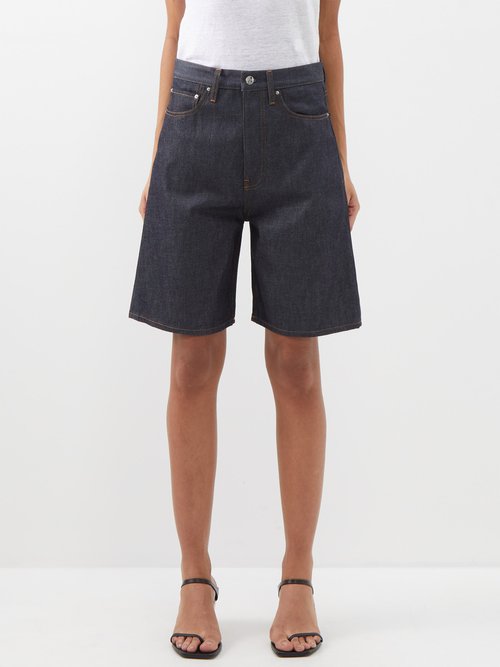 Toteme - Wide-leg Organic-denim Bermuda Shorts - Womens - Dark Blue