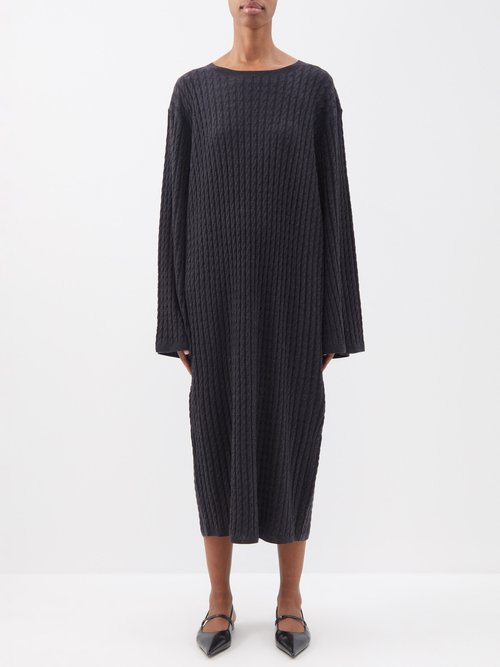 Toteme - Wide-sleeve Cable-knit Wool Midi Dress - Womens - Dark Grey