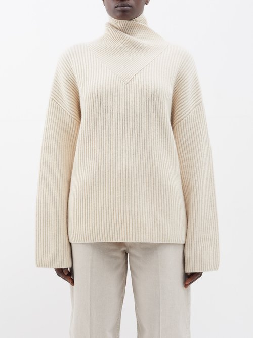 Toteme - Wrapped-neck Ribbed-knit Wool Sweater - Womens - Light Beige