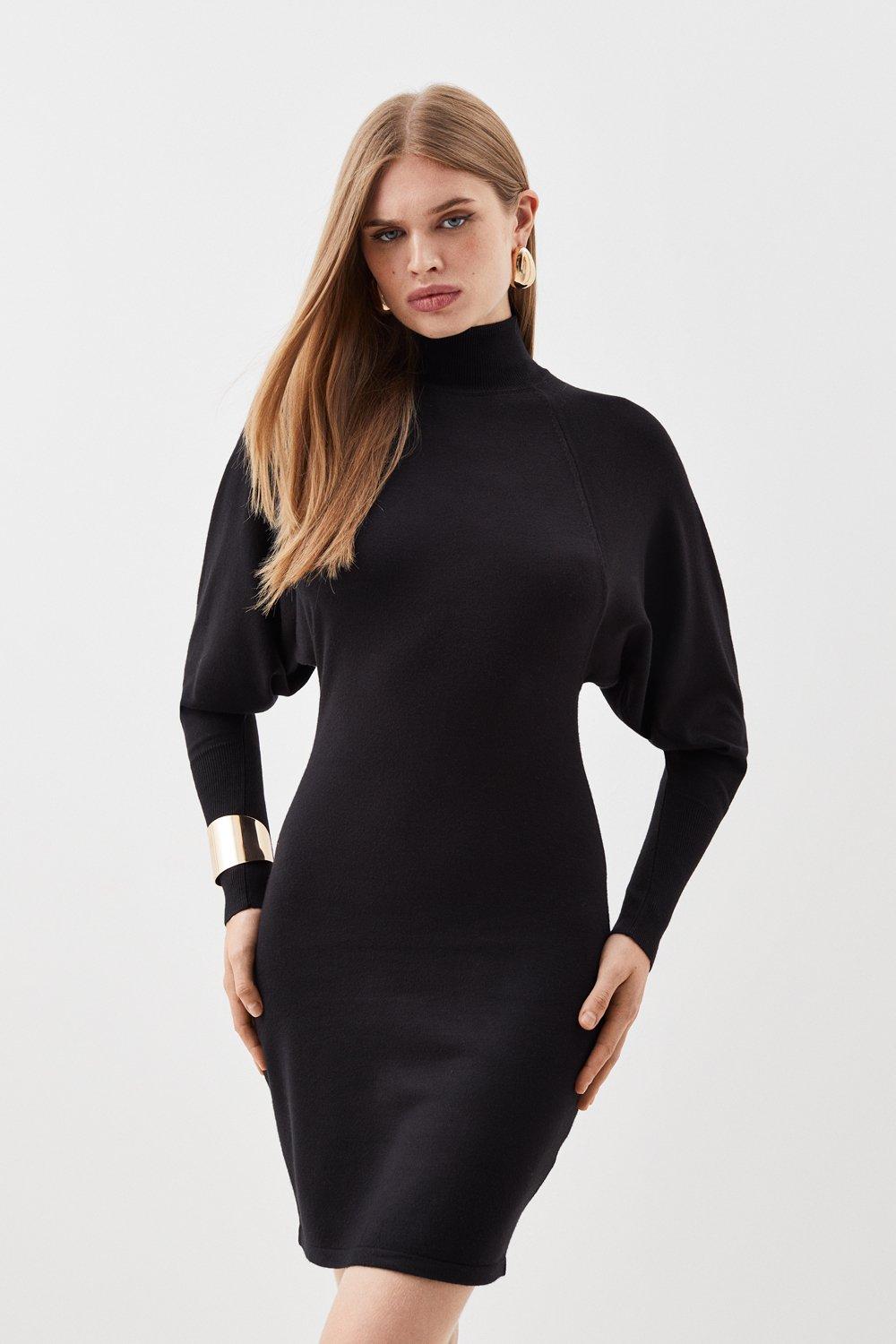 Viscose Blend Batwing Knitted Mini Dress - Black