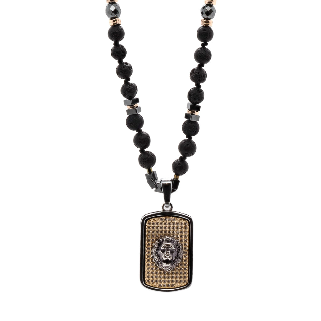 Women's Black / Silver Men's Lion Pendant Black Beaded Necklace - Black Ebru Jewelry