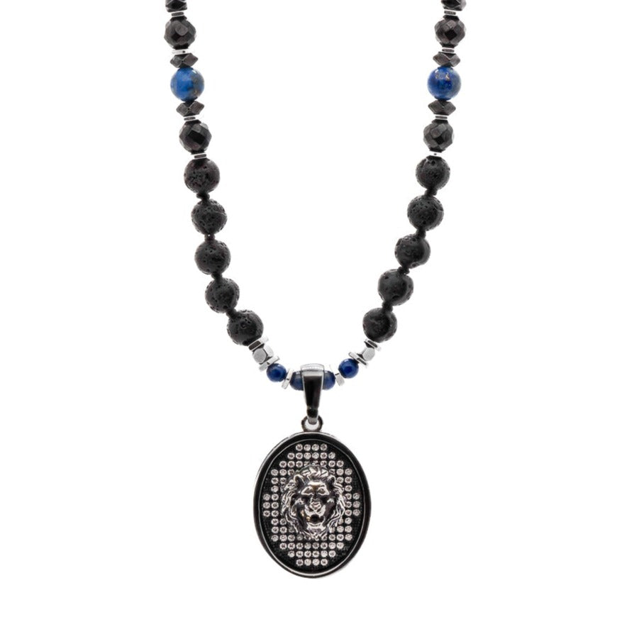 Women's Black / Silver Powerful Silver Black Lion Men Beaded Necklace - Black Ebru Jewelry
