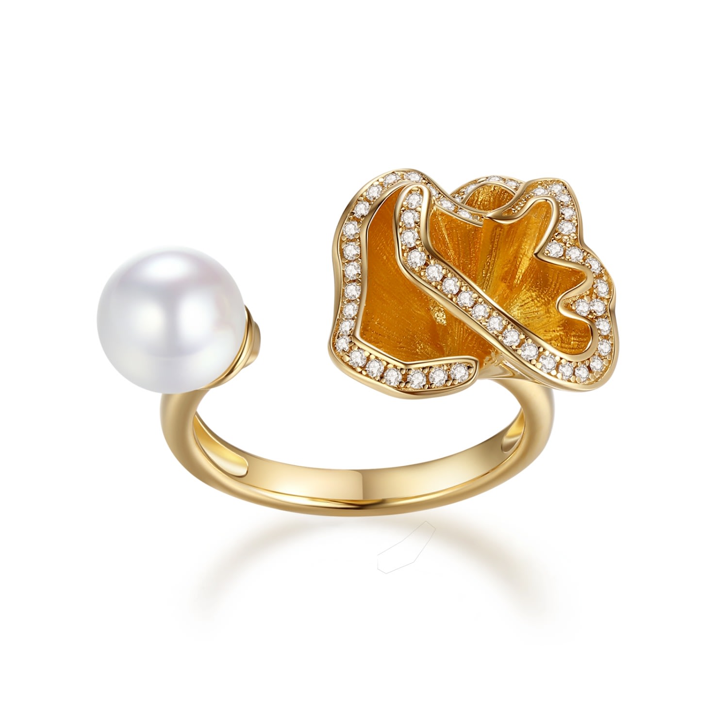 Women's Gold Quintessence Small Flower With Pearl Open Ring Georgia Wang Jewellery