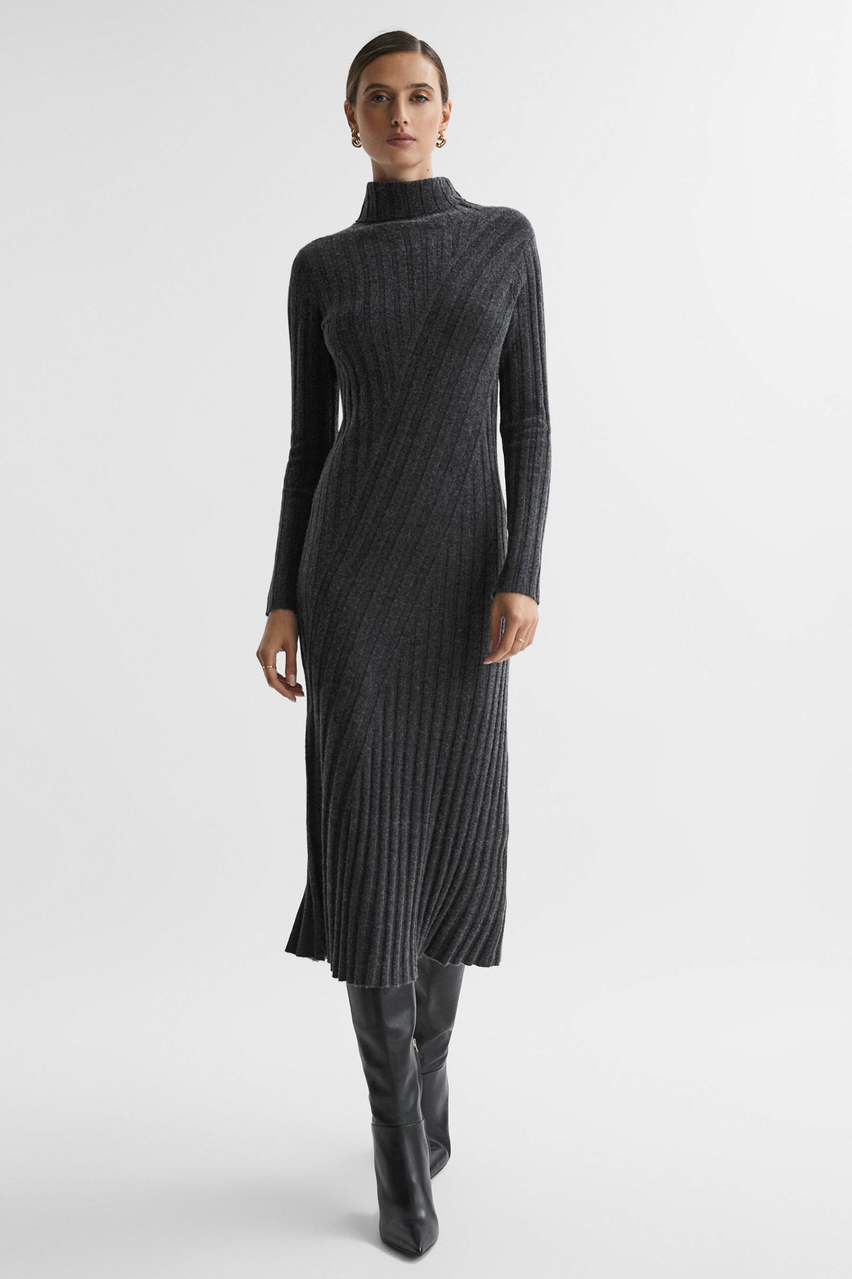 Cady - Charcoal Fitted Knitted Midi Dress