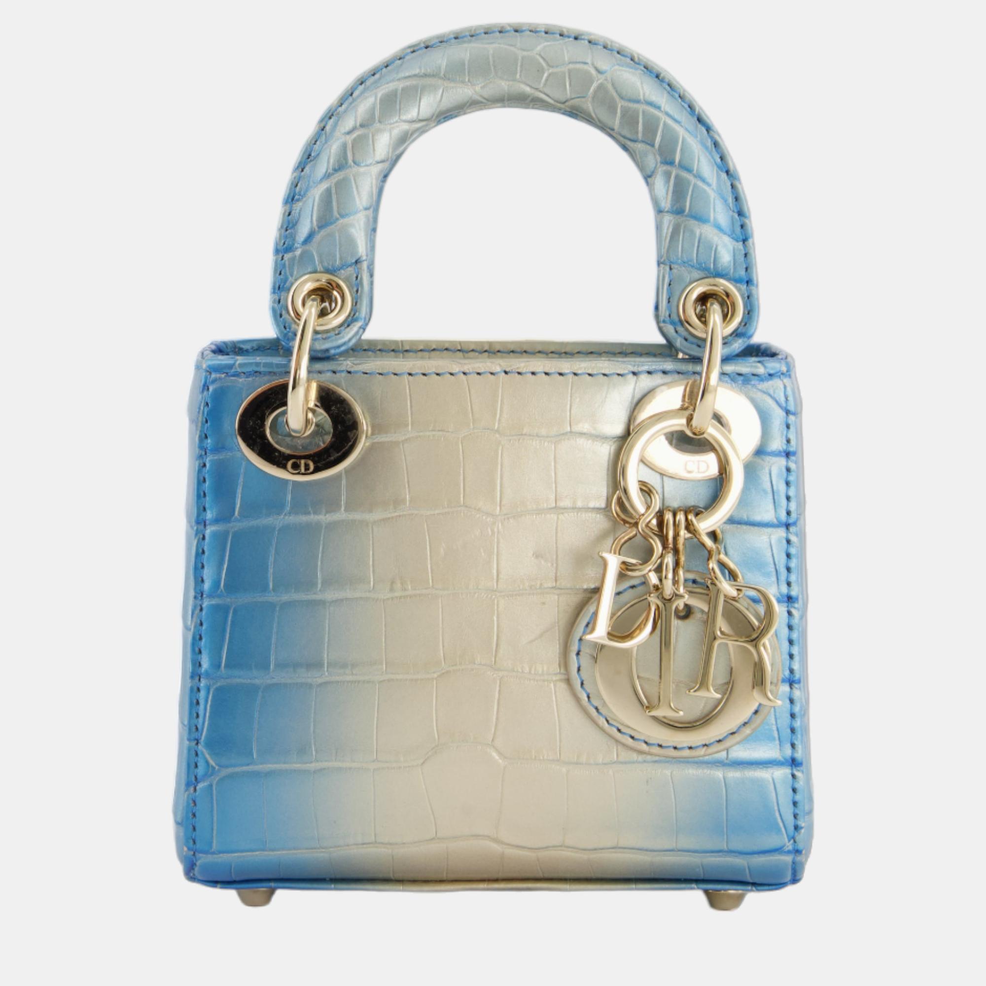 Christian Dior Blue Nacre Crocodile Micro Lady Dior Bag with Champagne Gold Hardware