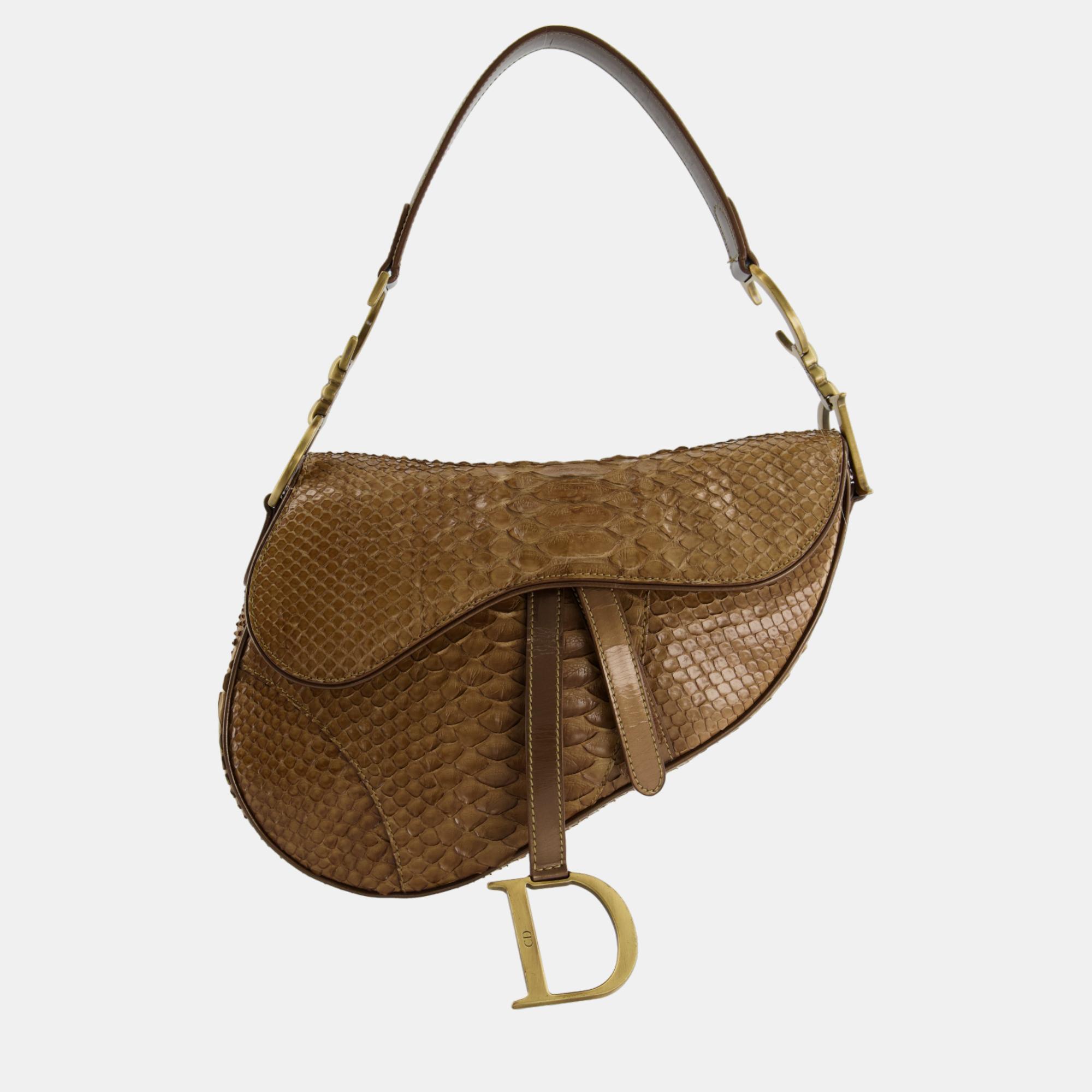 Christian Dior Brown Python Saddle Bag with Antique Gold Hardware