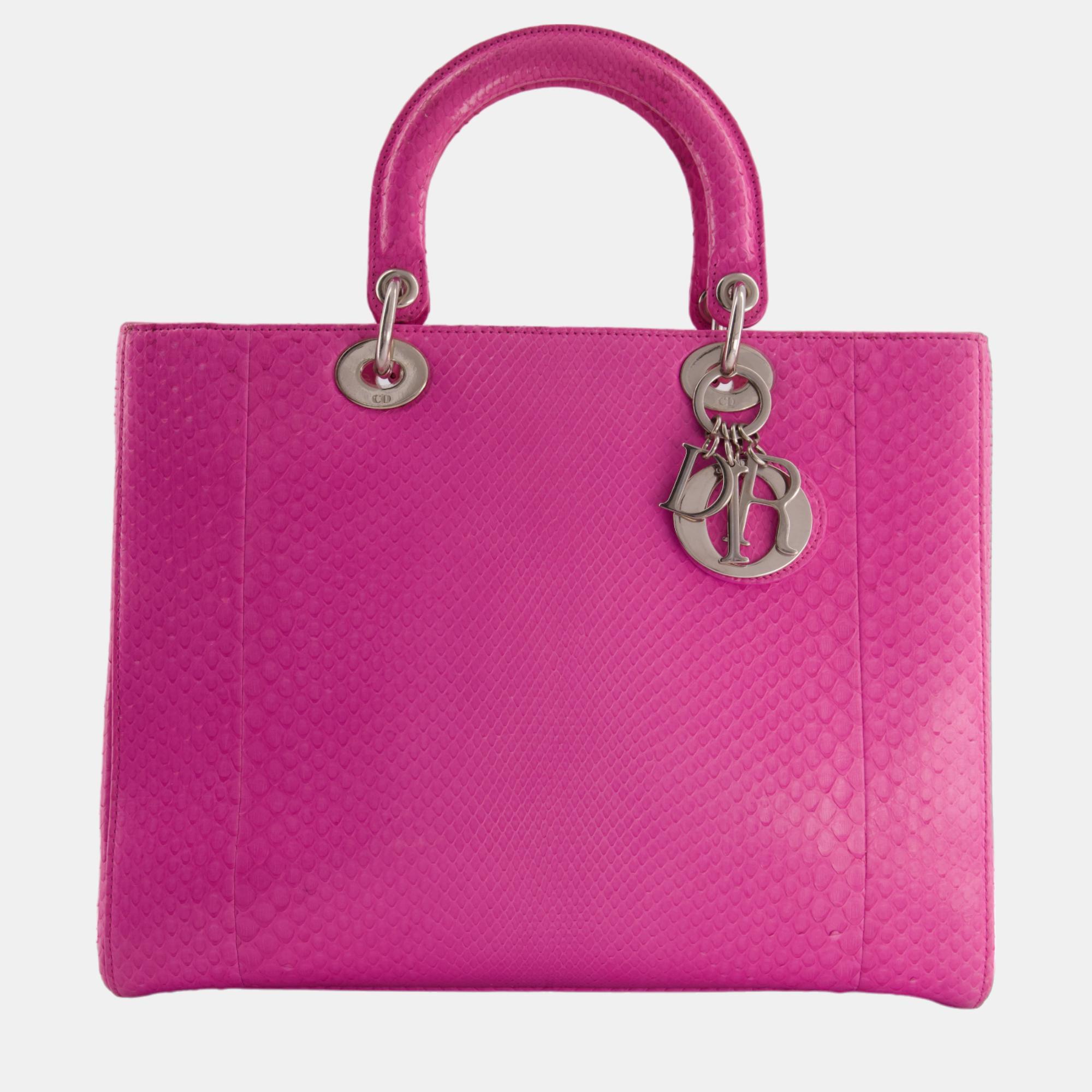 Christian Dior Large Pink Python Lady Dior Bag with Silver Hardware