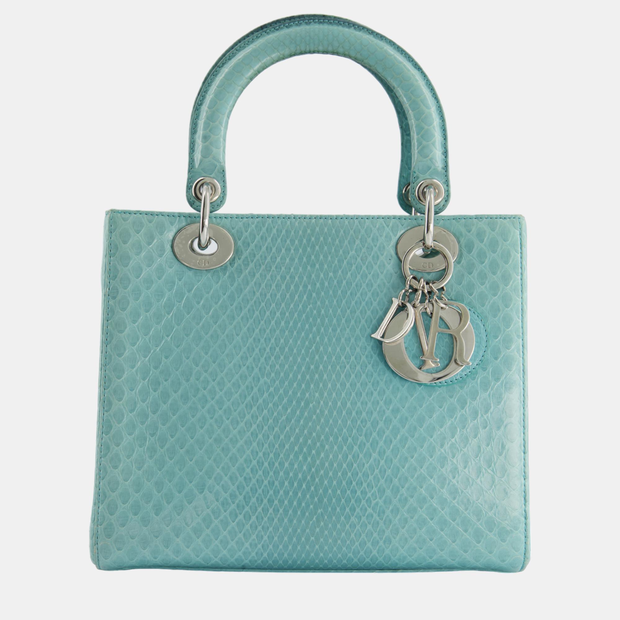 Christian Dior Medium Aqua Blue Python Lady Dior Bag with Silver Hardware