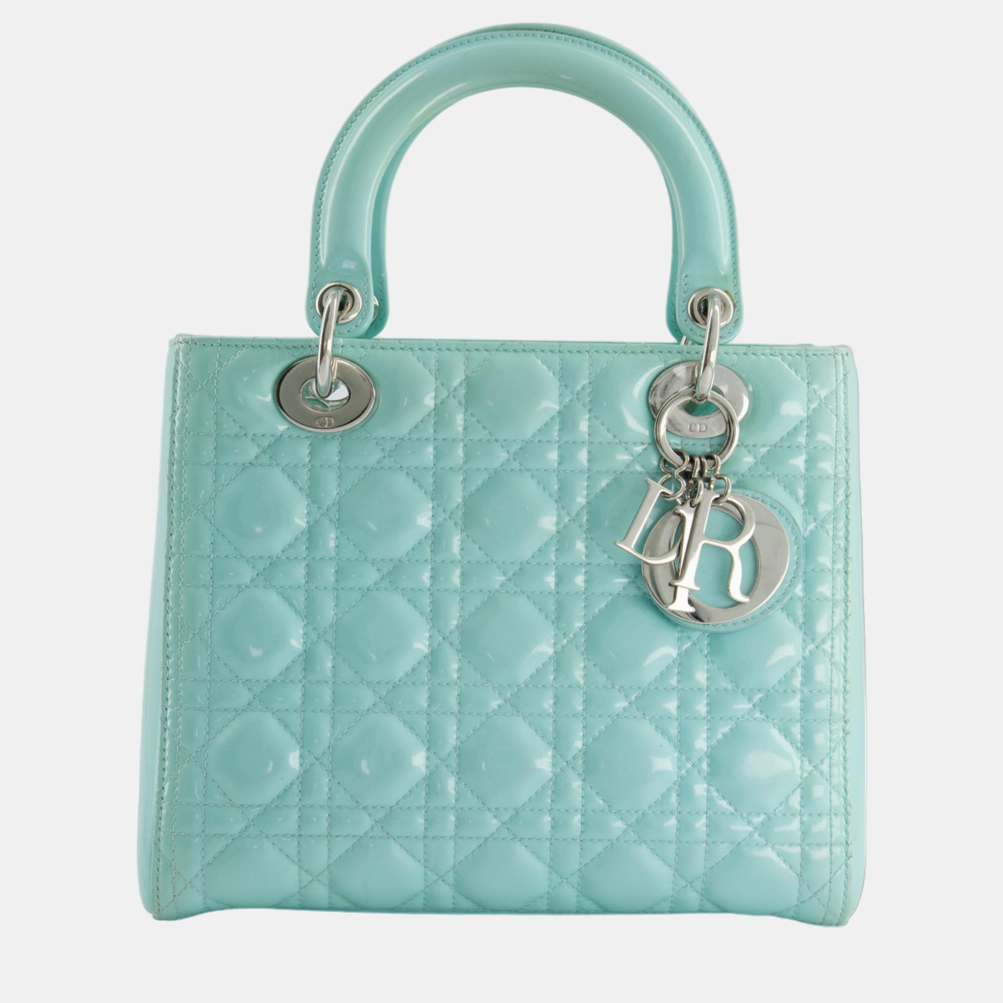 Christian Dior Tiffany Blue Medium Lady Dior Bag Patent with Silver Hardware