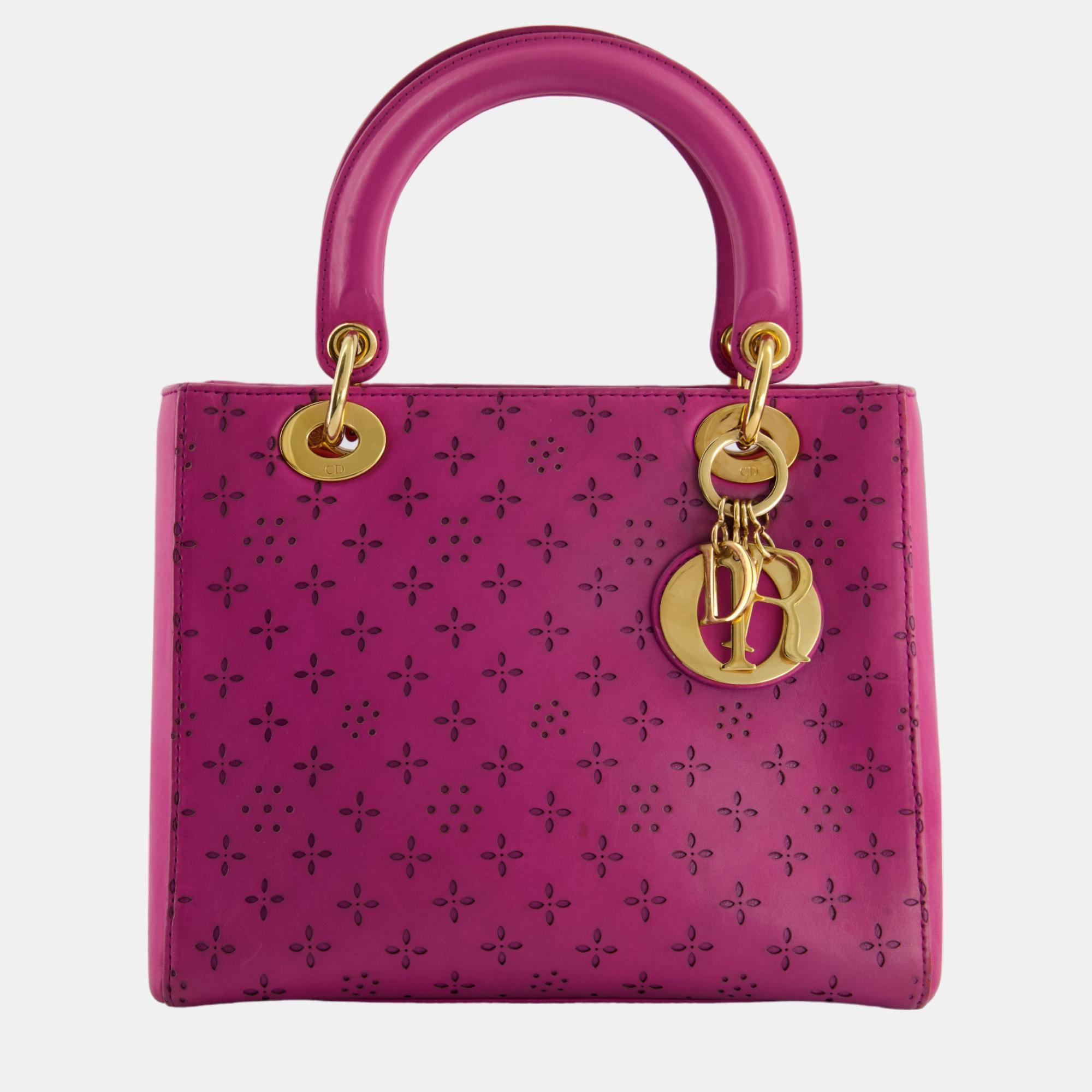 Christian Dior Vintage Medium Lady Dior Bag in Fuchsia Leather with Gold Hardware
