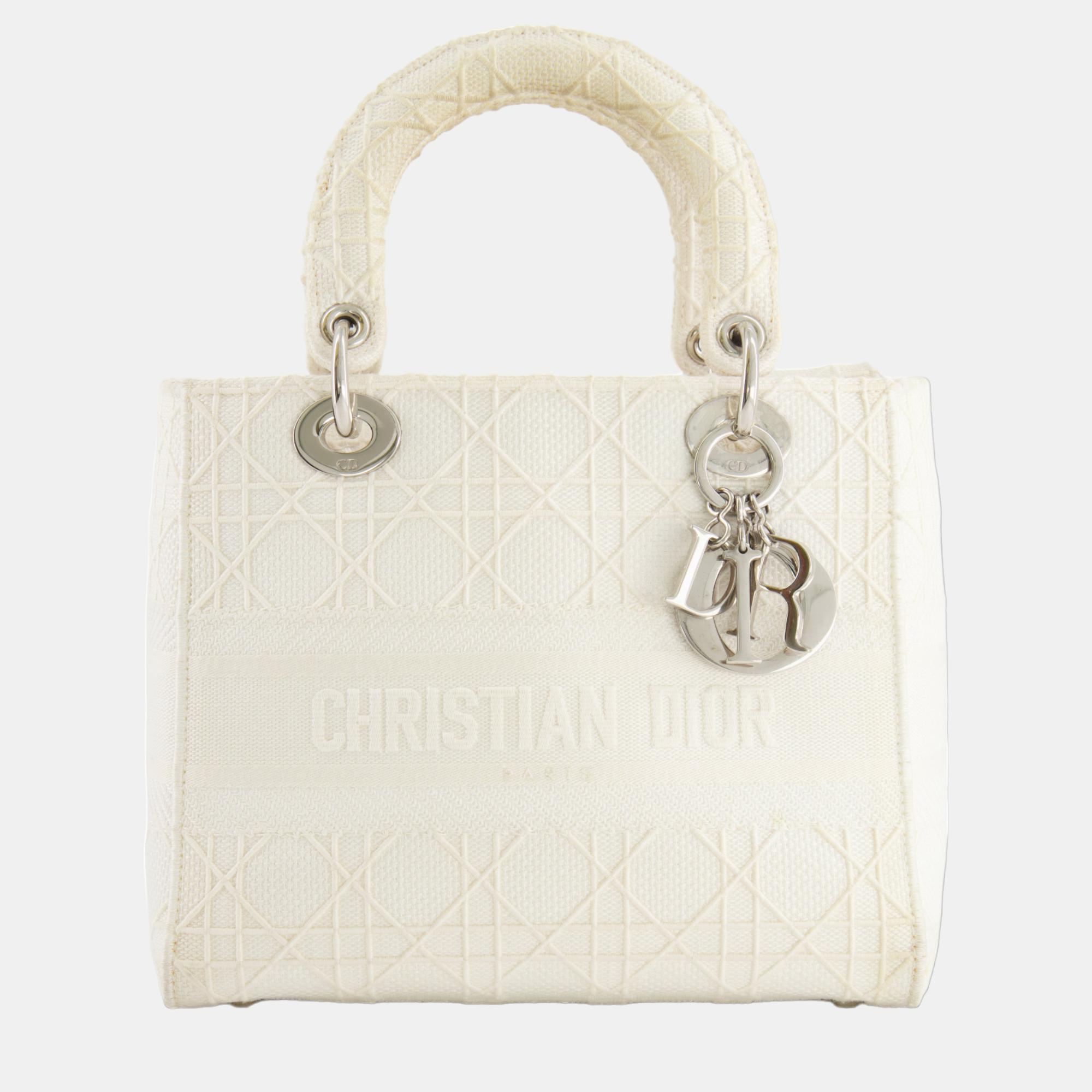 Christian Dior White Cannage Embroidery Medium Lady D-Lite Bag with Silver Hardware