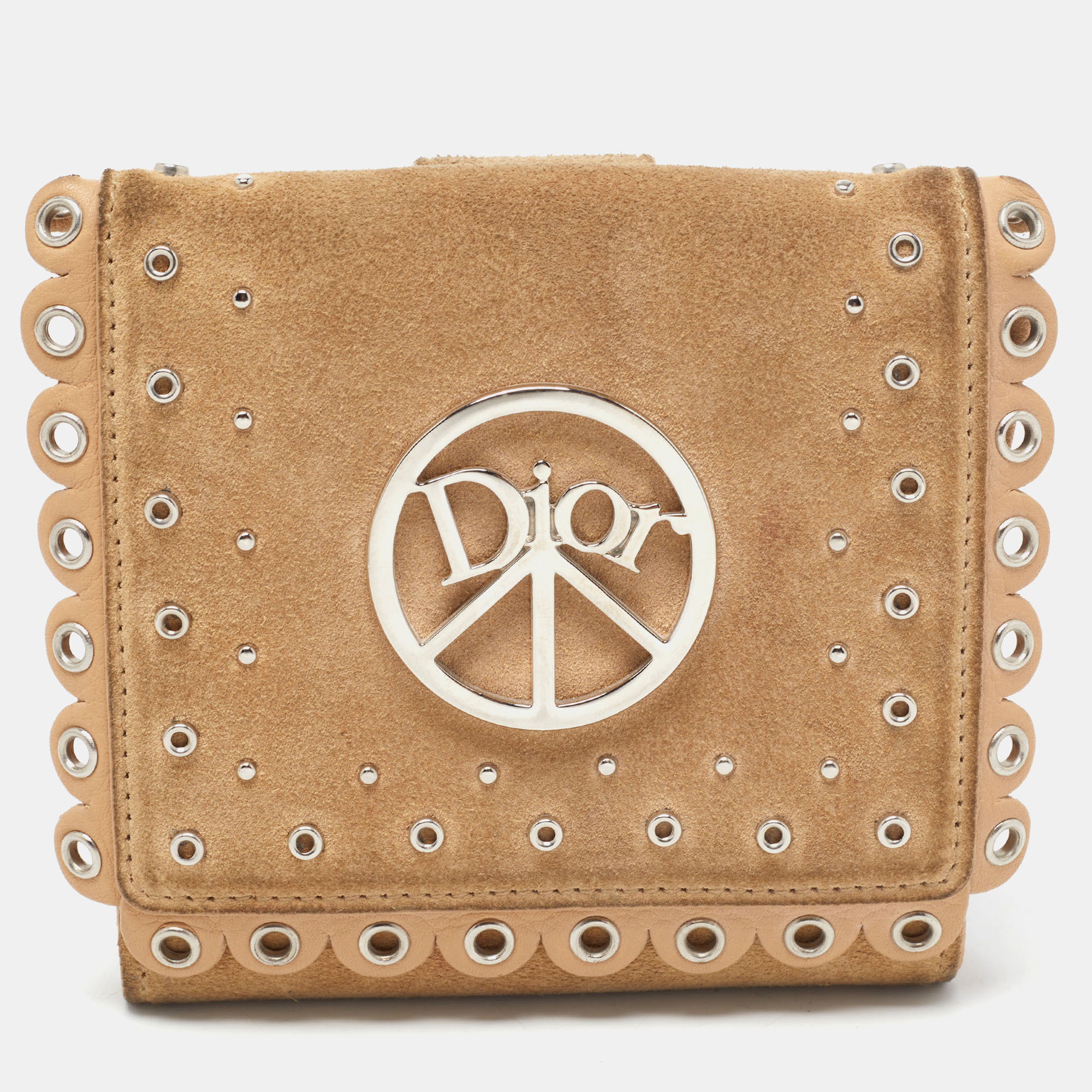 Dior Beige Leather and Suede Grommet Logo Trifold Wallet