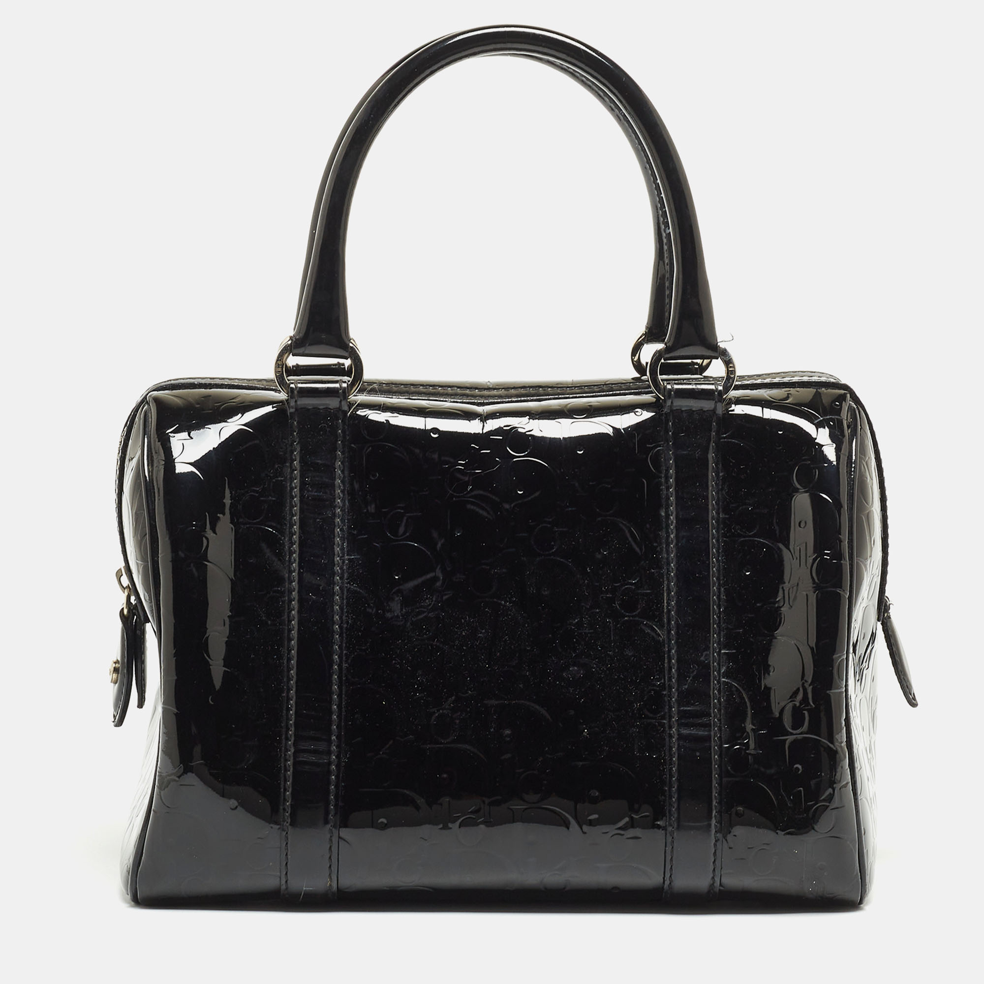 Dior Black Oblique Embossed Patent Leather Boston Bag