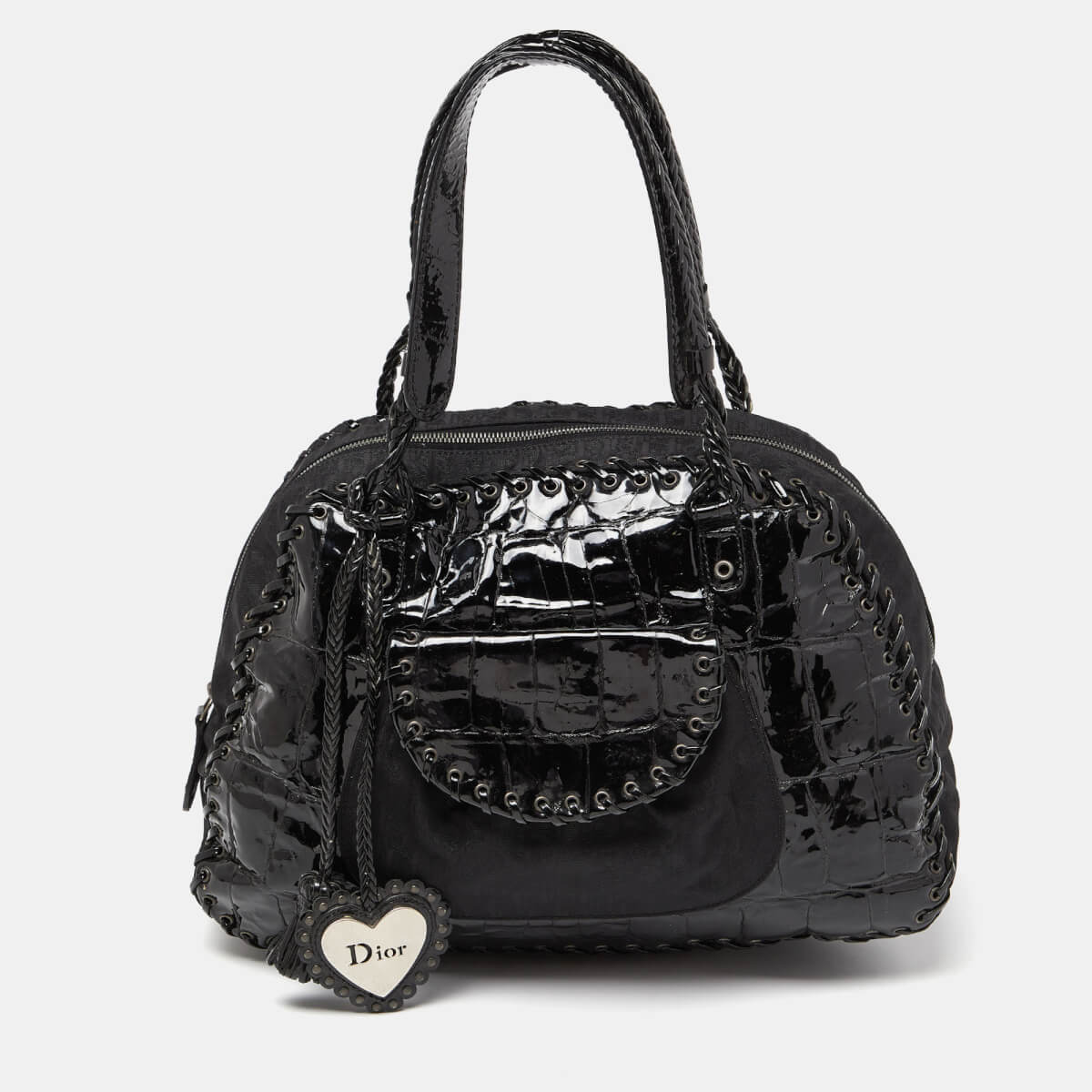 Dior Black Oblique Nylon and Croc Patent Leather Ethnic Braided Bag
