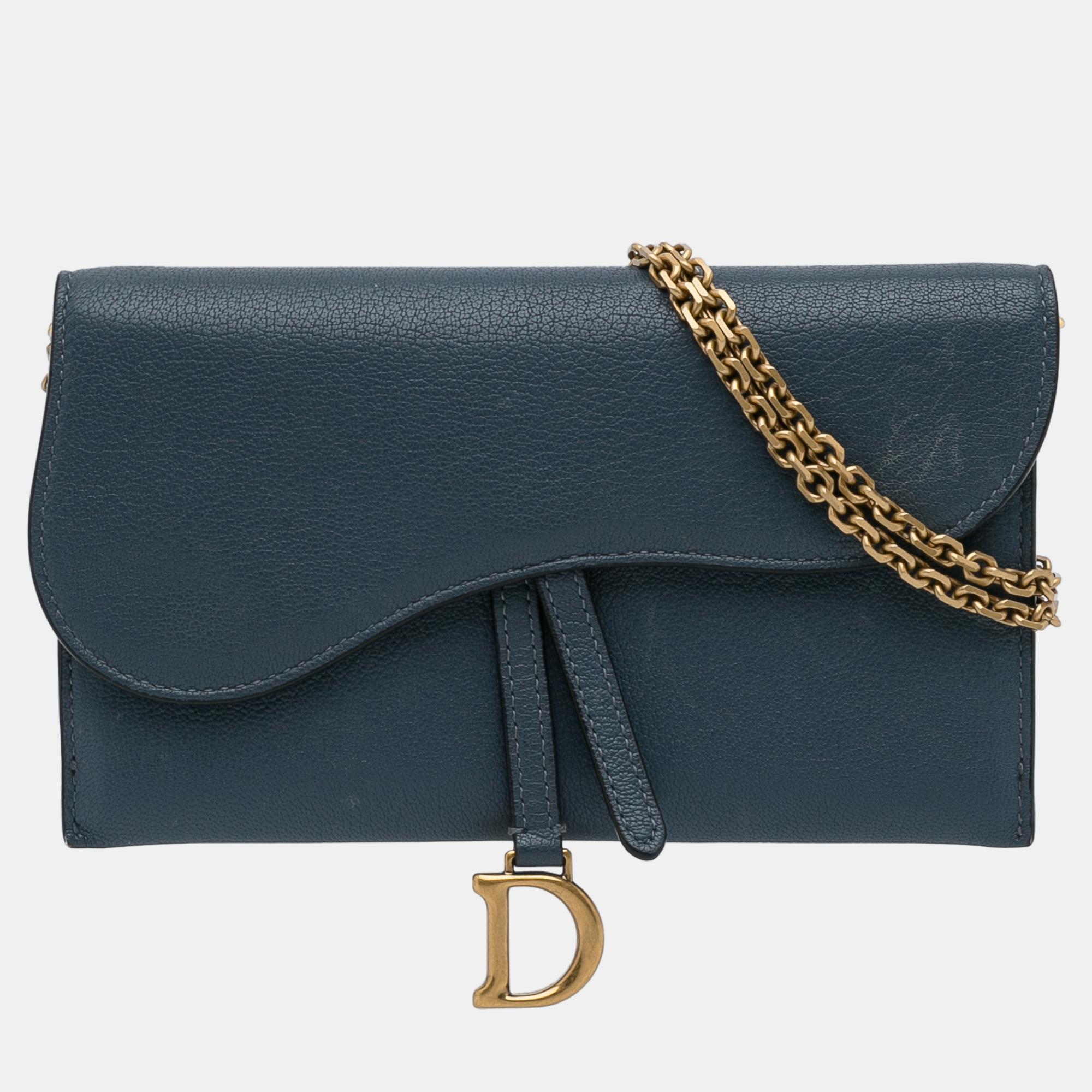 Dior Blue Leather Saddle Wallet On Chain