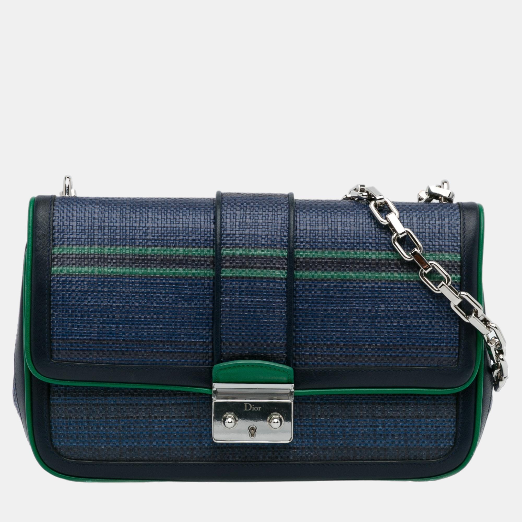 Dior Blue/Green Medium Tricolor Raffia Miss Dior Flap Bag