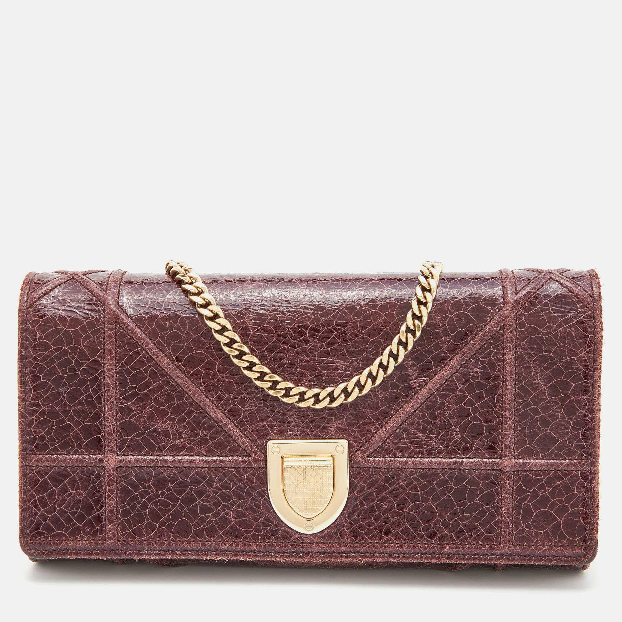 Dior Burgundy Crackled Leather Diorama Wallet On Chain
