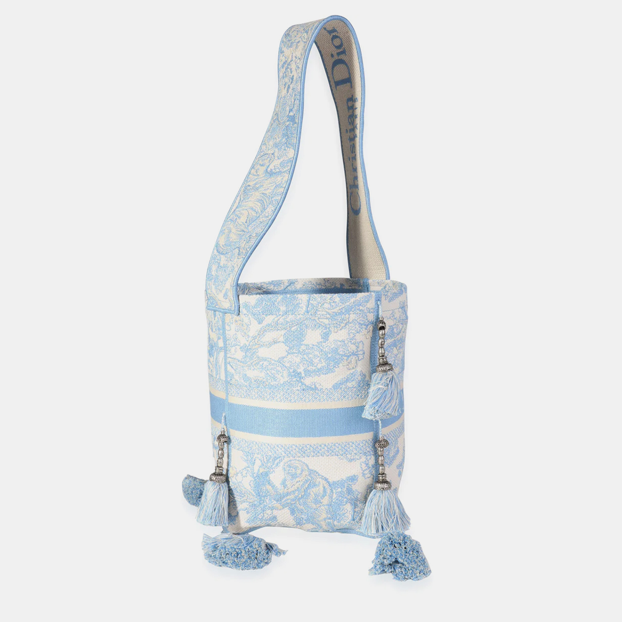 Dior Cornflower Blue Toile de Jouy Embroidery D-Bubble Bucket Bag